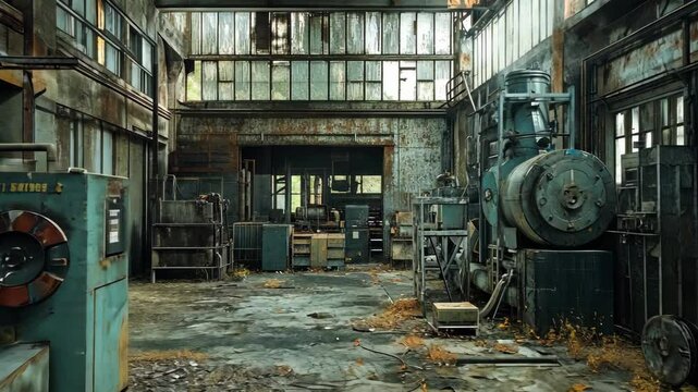 An abandoned factory in the United States with old machinery and a large window showing a glimpse of daylight