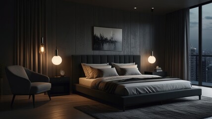 Modern bedroom with an attractive black color palette. Lavishly decorated and accented by a dramatic headboard with vertical panels. Enhanced with dark wood wall panels that add warmth and texture.