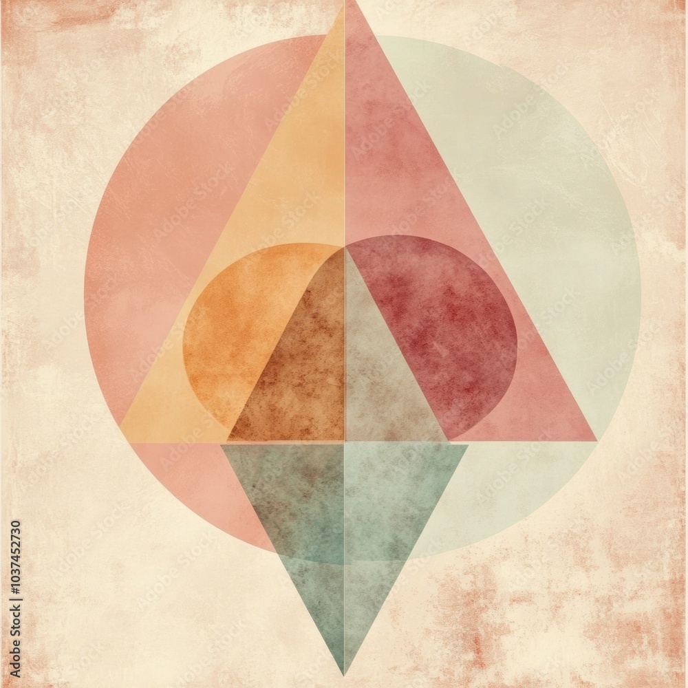 Fototapete Vibrant circles and triangles intricately arranged on a gentle pastel backdrop create a harmonious visual composition. Generative AI