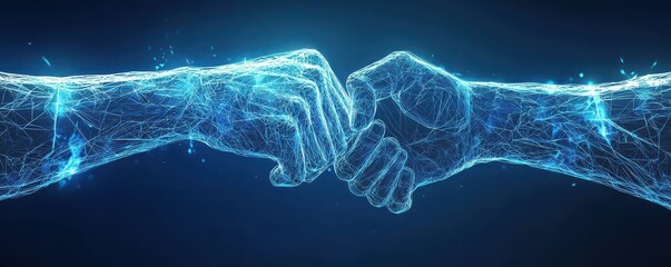 Digital handshake formed by two hands symbolizing technology and collaboration in a futuristic network environment