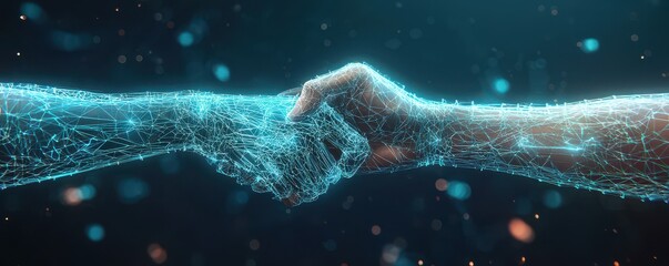 Digital handshake illustrating technology partnership and connection in a futuristic virtual environment
