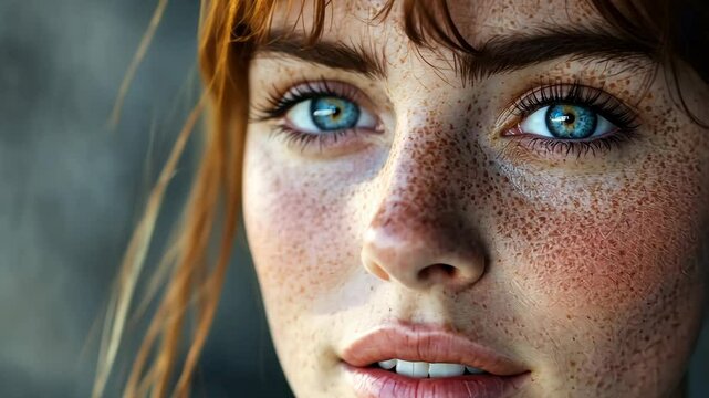 A woman with freckles and blue eyes stares directly at the camera