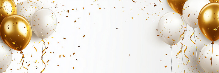 An illustration of gold and white balloons with golden streamers on the edges, on a transparent background. The balloon decoration should have glittering effects to add sophistication.