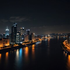 Fototapeta premium Night cityscape with a river flowing through the city with lights reflecting on the water.