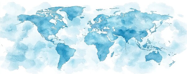 Artistic watercolor world map in light blue and white tones depicting continents and oceans in a modern style