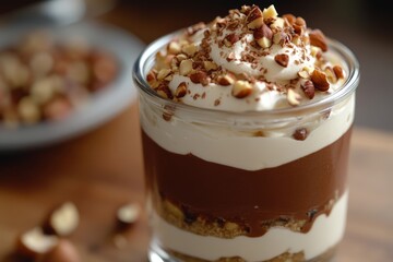 layered dessert in a glass jar, showcasing a smooth chocolate mousse layer, a creamy layer of whipped cream mixed with chestnut puree, and a final layer of cream cheese