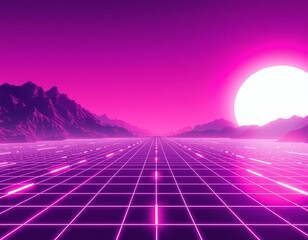 Retro Futuristic Landscape Illustration with Vibrant Pink Sun and Grid, Perfect for Digital Art and Design