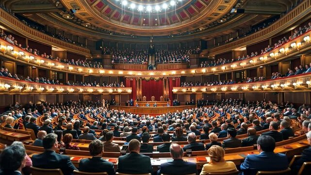 A packed hall filled with officials and dignitaries attentively listening. The atmosphere is formal, with an ornate interior and an important session in progress, reflecting civic engagement.