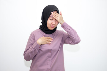 Asian, young Indonesian woman dizzy, girl headache or migraine suffering at home, holding head with...