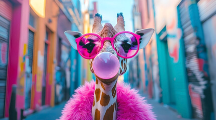 Giraffe wearing bright pink sunglasses and blowing a bubble with gum while dressed in a pink fur coat, standing in a colorful urban alley with graffiti