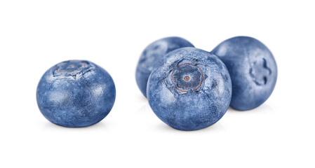 Four ripe blueberries isolated on white background