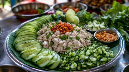 A mouthwatering platter of Thai larb gai, spicy minced chicken salad with lime juice, fish sauce