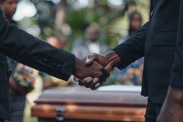 Two individuals in suits are shaking hands in front of a wooden casket outdoors. Concept of condolence and support. For events related to sympathy and mourning.