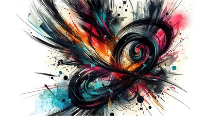 Energetic black ink brush strokes intertwined with vibrant watercolor splashes in  dynamic design
