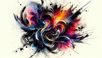 Energetic black ink brush strokes intertwined with vibrant watercolor splashes in  dynamic design
