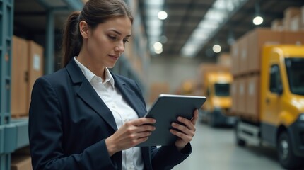 Confident businesswoman using a tablet to manage logistics in a large warehouse. Focused and professional atmosphere with efficient organization and modern technology.


