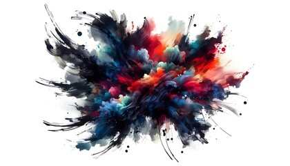 Powerful black ink brush strokes with vibrant, dynamic splashes watercolor for striking abstract design
