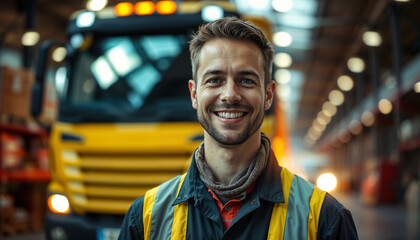 Naklejka premium A confident and smiling truck driver stands in front of a large orange truck, wearing a high visibility safety vest, conveying professionalism and a positive work attitude.