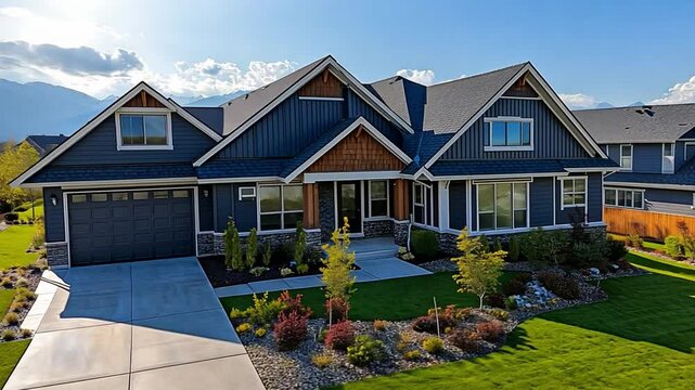 This house features a stylish design with a landscaped garden and mountain views under clear skies.