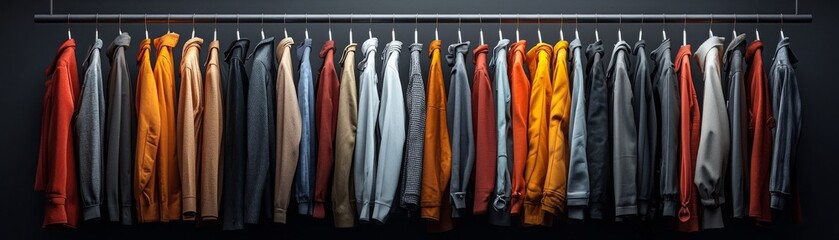 A vibrant collection of winter coats displayed on a sleek clothing rack, showcasing various styles and colors ideal for the cold season. Perfect for fashion enthusiasts.