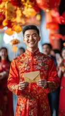 Fototapeta premium A Chinese man in traditional attire smiling at Chinese new year celebration while holding a red envelope, representing cultural pride and tradition.
