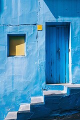 Vibrant blue wall with weathered door and sunlit window. Concept of blue Monday