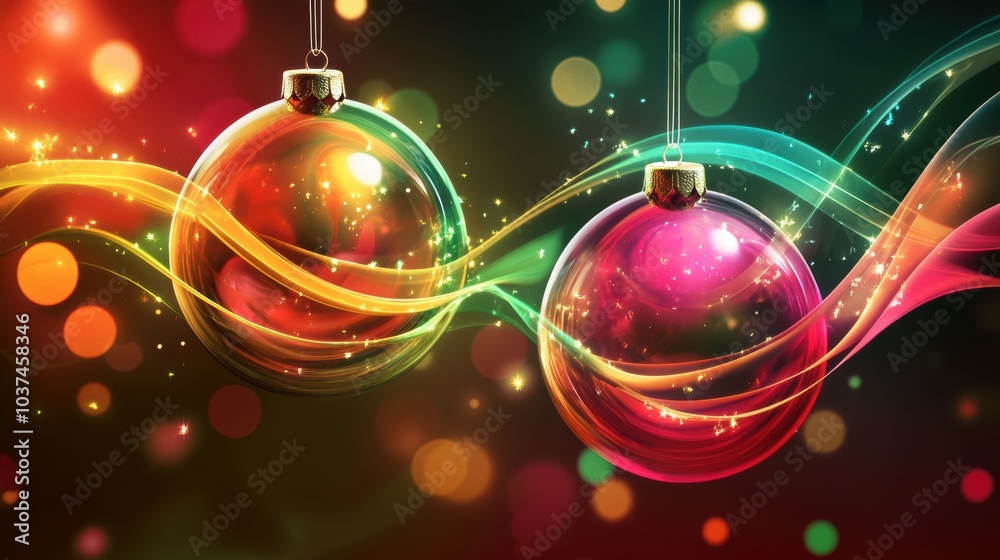 Poster two shimmering christmas ornaments dangle in a lively atmosphere, surrounded by vivid colors and sof