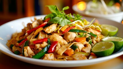 A mouthwatering platter of Thai pad kee mao, stir-fried drunken noodles with chicken, bell peppers