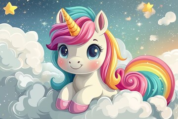 Whimsical adventures of a cute unicorn floating amongst dreamy clouds and stars