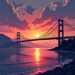Obraz premium Art of a majestic suspension bridge stretching across a river at sunset, with vibrant colors reflecting on the water.