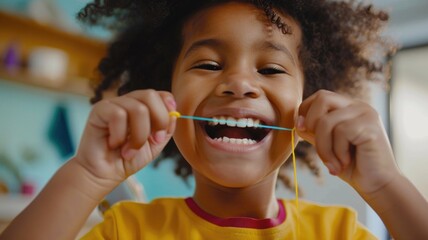 Happy child practicing dental hygiene with floss at home