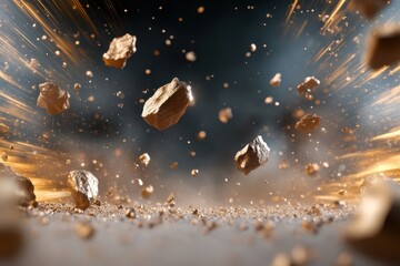 An explosive scene depicting rocks and debris flying through the air against a dark, smoky background, illustrating chaos and movement.