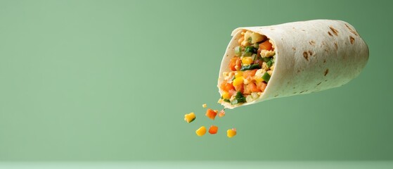 A colorful burrito spills fresh vegetables against a soft green background, showcasing a vibrant and appetizing presentation.