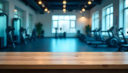 empty wooden table with background blurred modern gym interior background