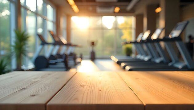 empty wooden table with background blurred modern gym interior background