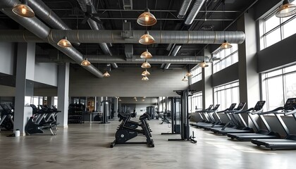 A modern and spacious gym interior with exercise equipment such as treadmills