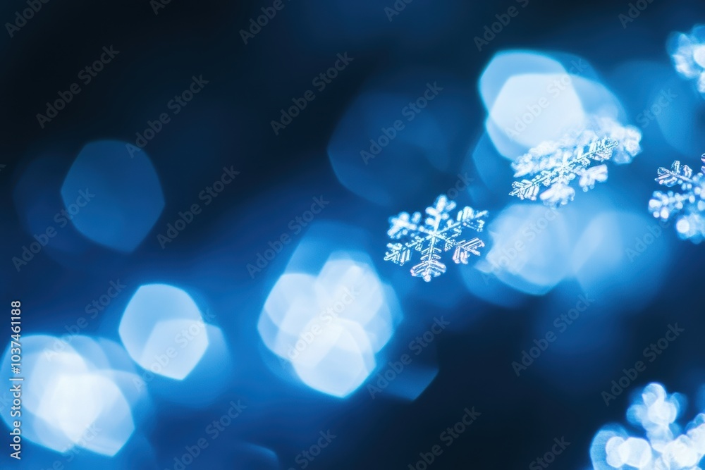 Poster delicate snowflakes float effortlessly through a shimmering blue backdrop, evoking the serenity of a