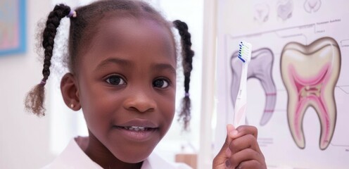 Smiling child learning dental care with toothbrush in classroom setting,Children Dental Health Month