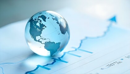 A glass globe representing the world with a stock market chart in the background