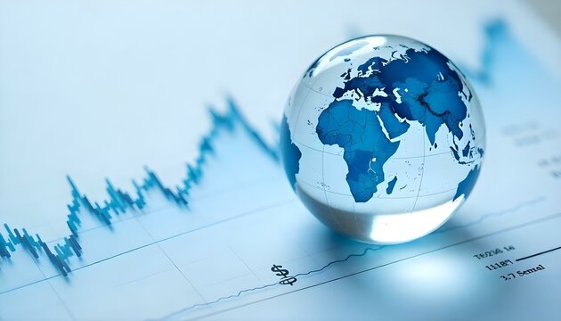 A glass globe representing the world with a stock market chart in the background