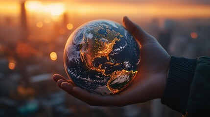 Fototapeta premium A Hand Holding a Miniature Earth Globe Against a Sunset Cityscape