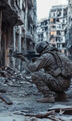 Fototapeta premium Soldier aims rifle in war-torn city.