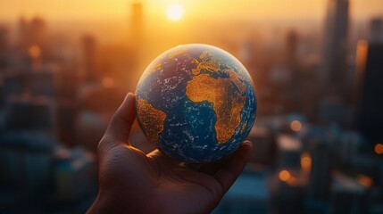 Fototapeta premium A Hand Holding a Miniature Earth Globe at Sunset