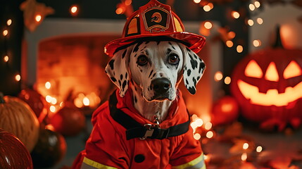 Adorable dalmatian dog dressed as firefighter surrounded by spooky halloween decorations and warm autumn lights