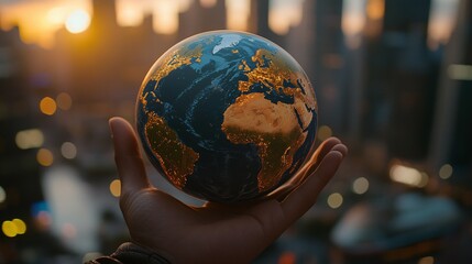 A Hand Holding a Globe Against a Blurred City Skyline at Sunset