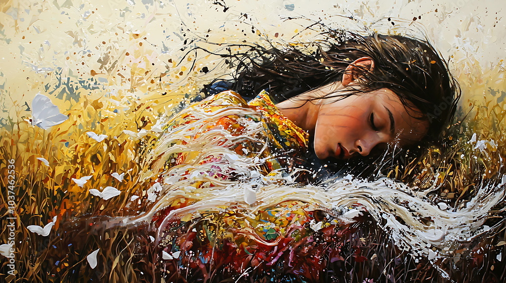 Poster A serene figure resting amidst a symphony of dynamic colors and textures embodying tranquility and movement