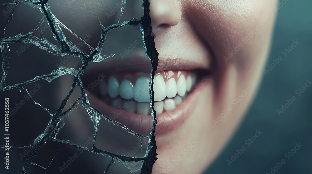 Poster Exploring the duality of joy and fragility a smiling face surrounded by a cracked surface symbolizing inner conflict and resilience