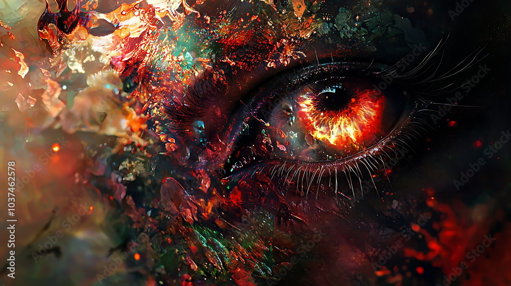 Poster abstract eye symbolizing intense emotions and vibrant energy through a kaleidoscope of colorful dyna