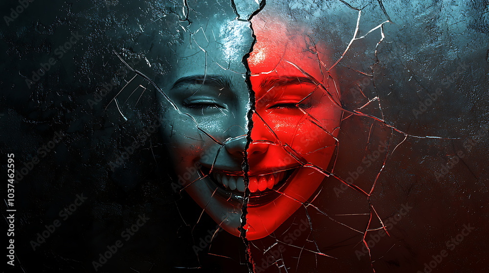 Poster exploring the intricate duality of emotions an abstract representation of divided feelings and inner