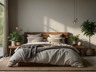 a photorealistic mockup of a serene bedroom in eco-style, featuring a bed with organic linens, a wooden headboard made from recycled materials, and large potted plants. Emphasize a calming color palet
